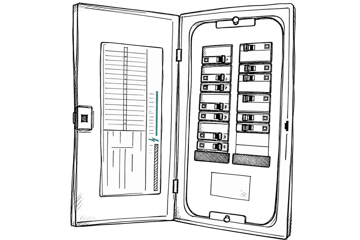 Hand-drawn open electrical panel representing a configurable LEGKO One website